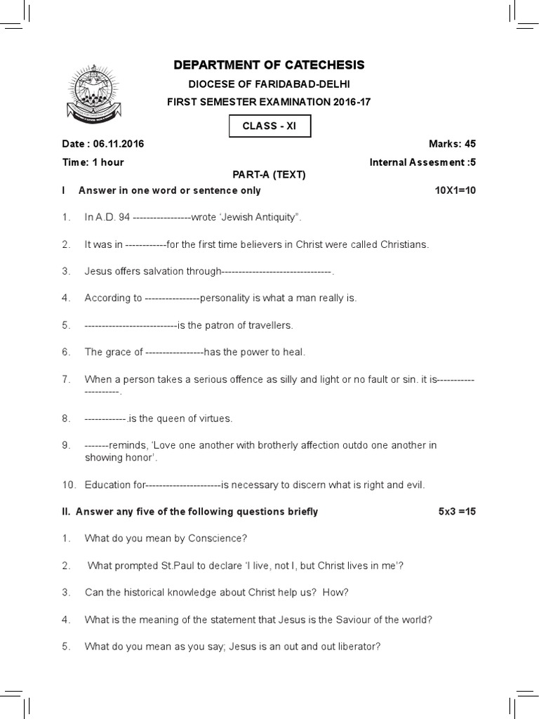 Syro Malabar Question Paper Class 11 Salvation Jesus