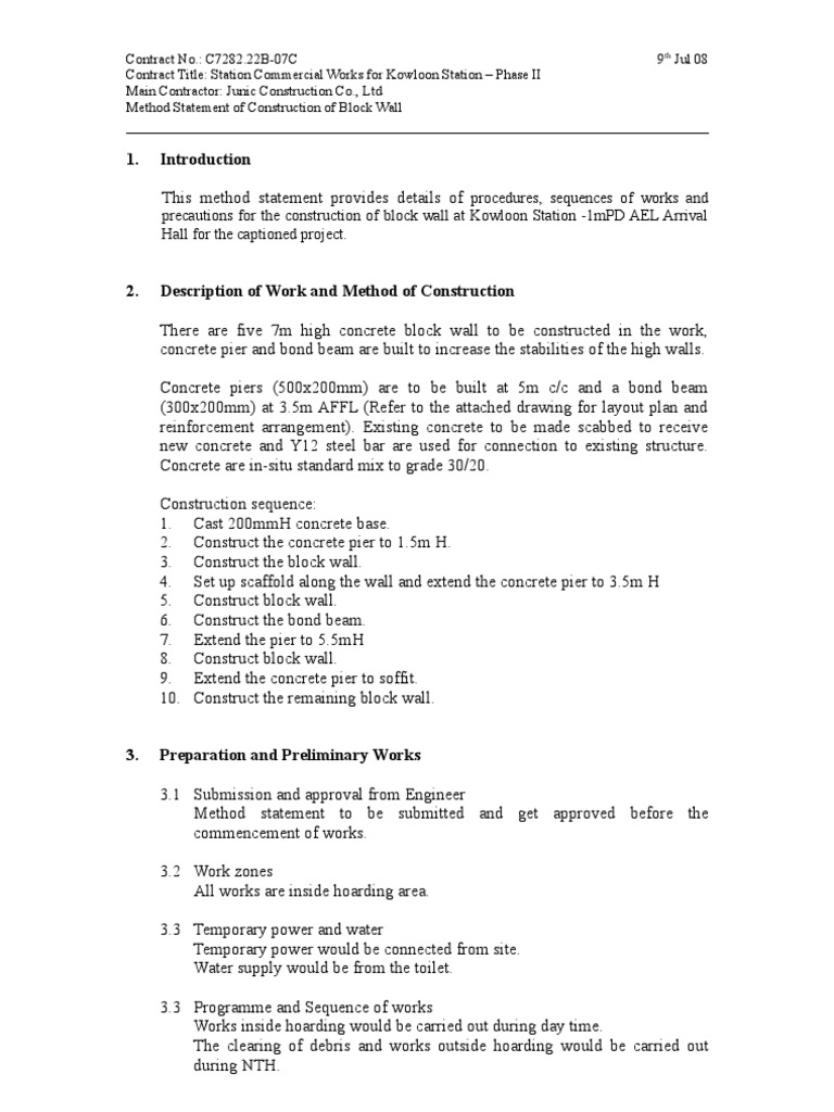 Block Wall Construction Method Statement | PDF | Concrete | Engineering