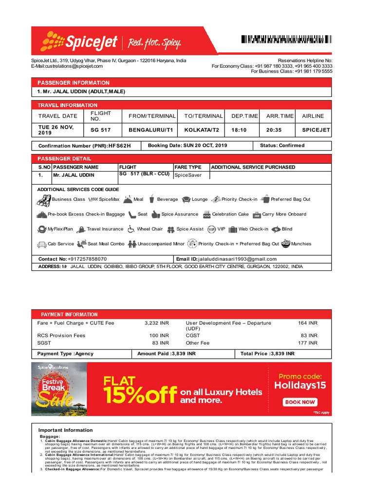 SpiceJet Booking Confirmation Details | PDF | Business Class | Aviation