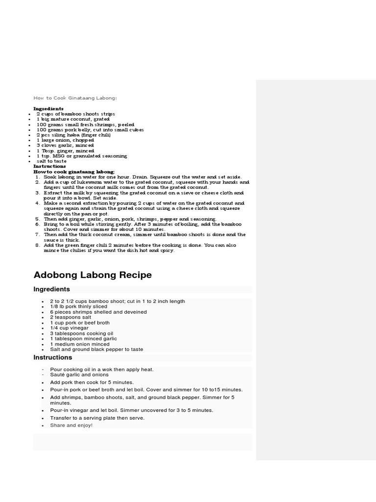 Adobong Labong Recipe: How To Cook Ginataang Labong | PDF | Ginger ...