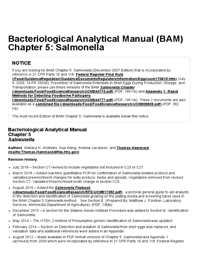 Laboratory Methods Chap 05. Bacteriological Analytical Manual (BAM) Chapter 5 Salmonella