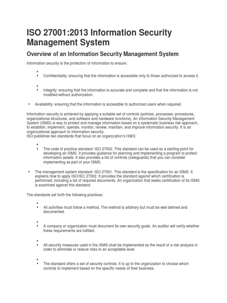 ISO 27001:2013 ISMS Overview Guide | PDF | Information Security | Risk  Management