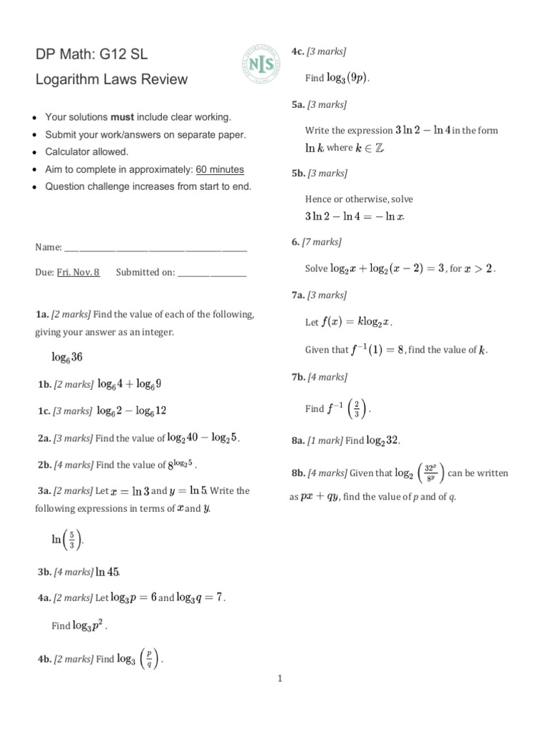 G12 SL Logarithm Laws Review Worksheet | PDF | Discrete Mathematics ...