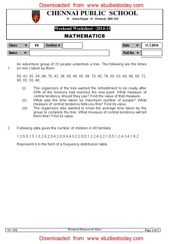 CBSE Clas 7 Maths Worksheet - Data Handling | PDF