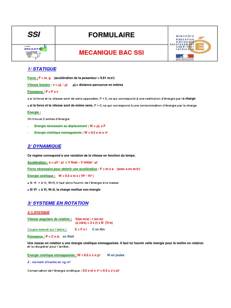 Formulaire De Mecanique Energie Kinetique Watt
