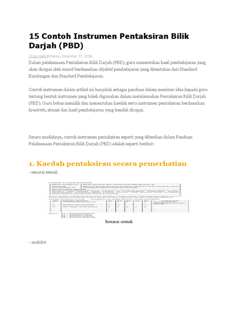 15 Contoh Instrumen Pentaksiran Bilik Darjah Pdf