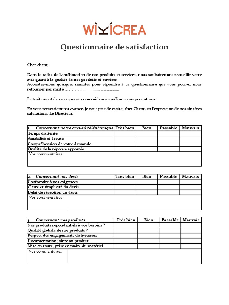 Modele Exemple Questionnaire Satisfaction Word Pdf