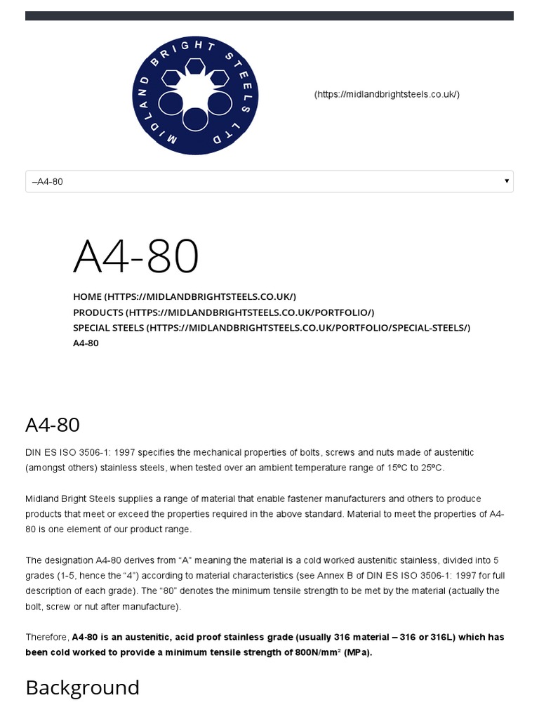 A4-80 Stainless Steel Grade Specification - Midland Bright Steels | PDF ...