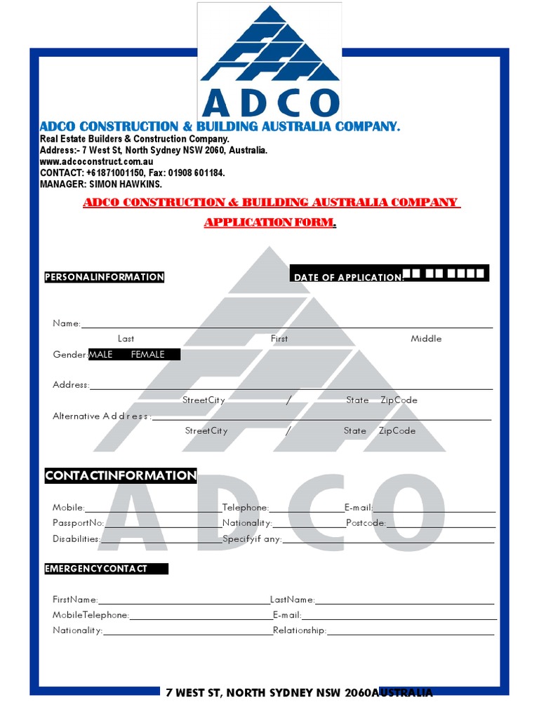 Adco Company Application Form. | PDF