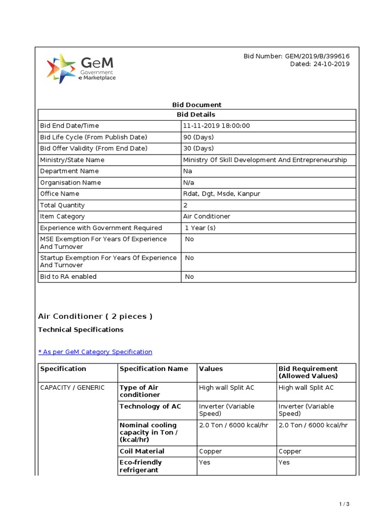 Air Conditioner Bid Document 2019 | PDF | Air Conditioning ...