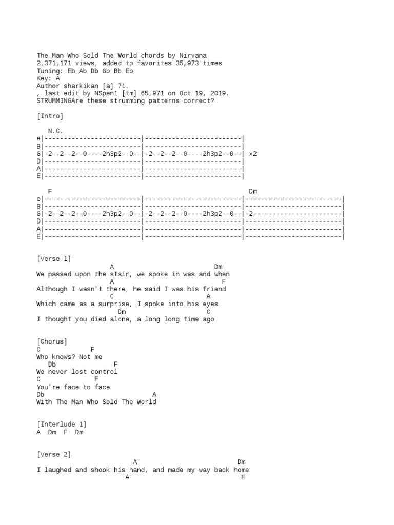 The Man Who Sold The World Chords By Nirvana Song Structure Songs
