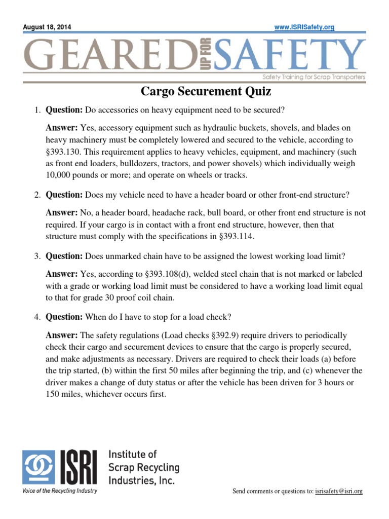 Cargo Securement Quiz PDF Heavy Equipment Loader (Equipment)