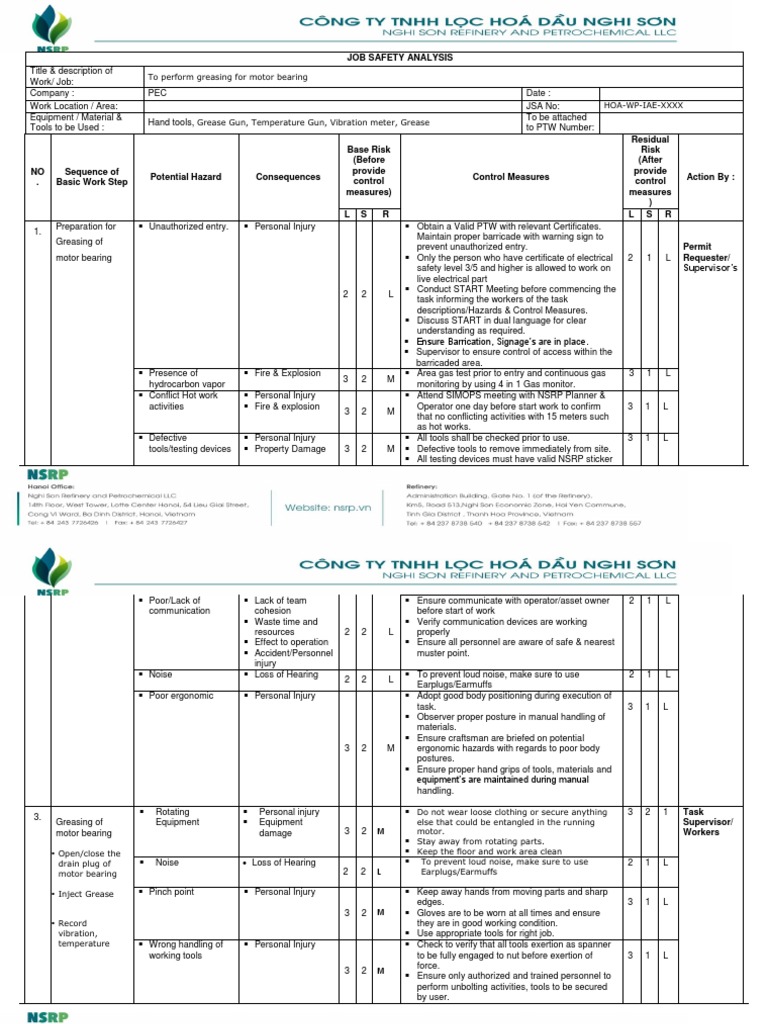JSA To Perform Greasing of Motor Bearing Nature Nature