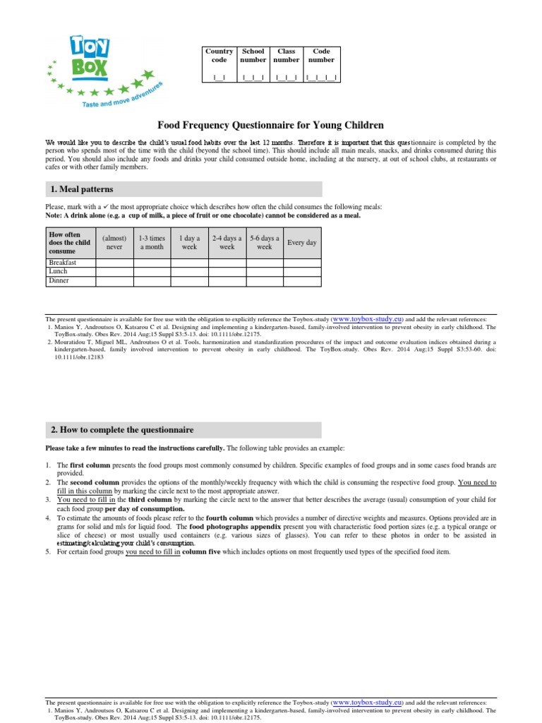 Food Frequency Questionnaire for Kids | PDF | Meal | Yogurt