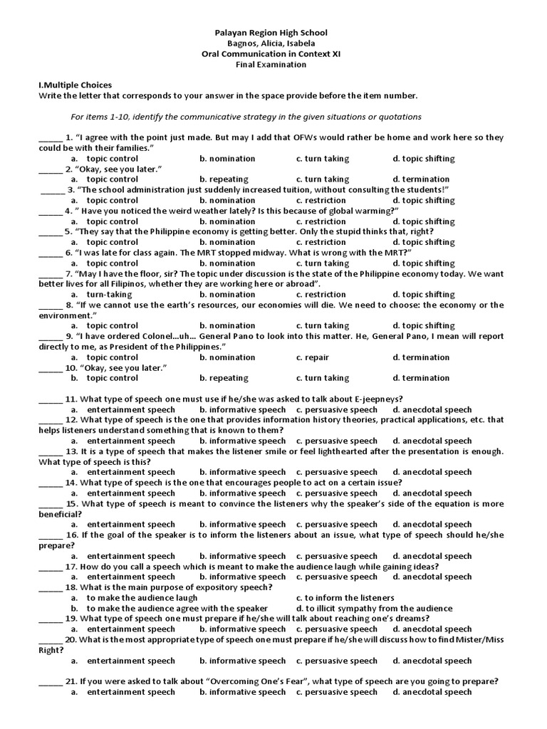 Oral Communication Final Exam 3 PDF Public Speaking Communication