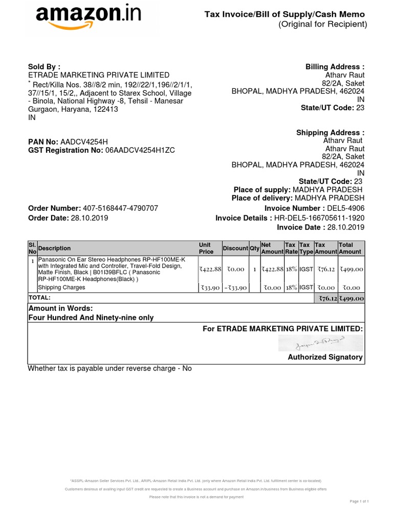 Analysis of Tax Invoice from ETRADE MARKETING PRIVATE LIMITED for