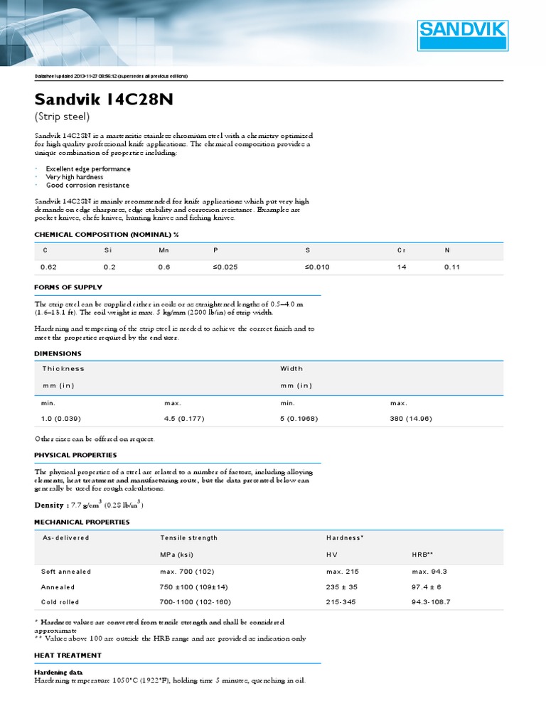 Datasheet Sandvik 14c28n en PDF Annealing (Metallurgy) Heat Treating