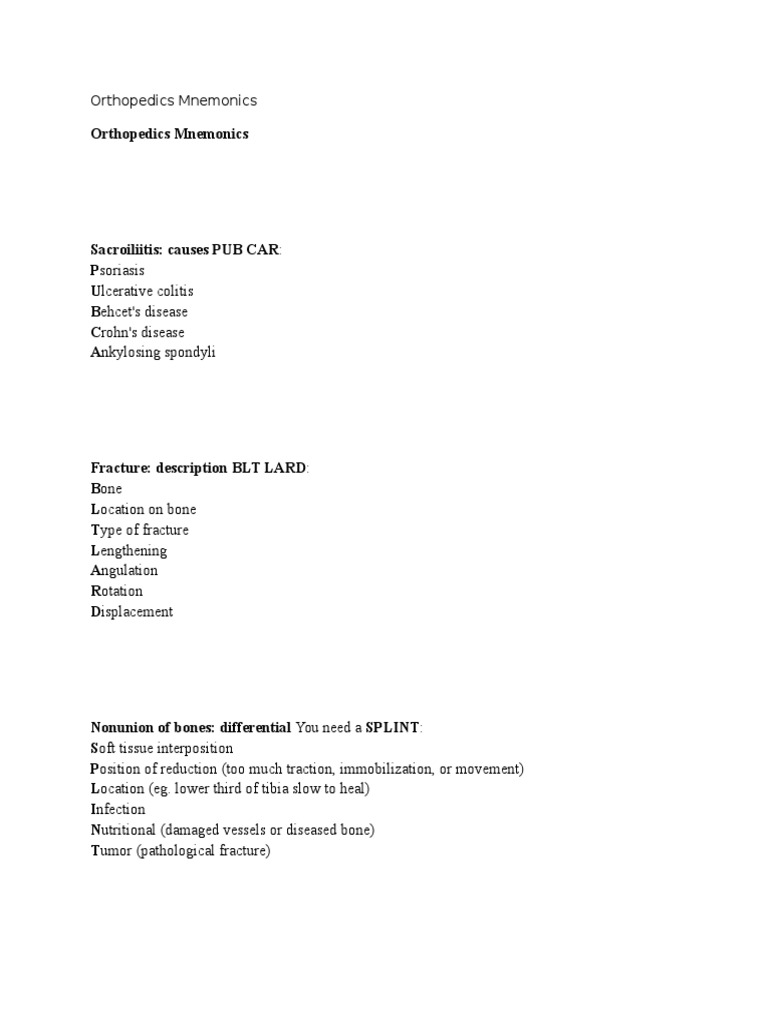 Essential Orthopedic Mnemonics Guide | PDF | Bone | Musculoskeletal ...