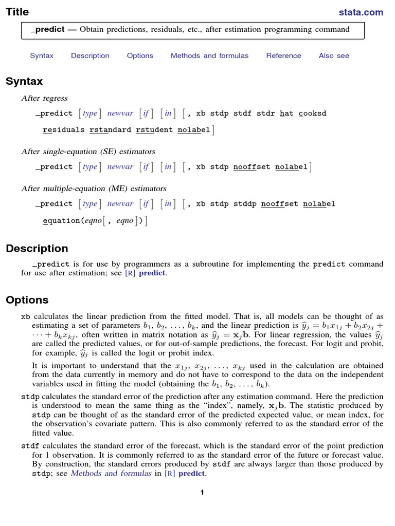 Stata Predict Command Overview | PDF | Errors And Residuals | Prediction