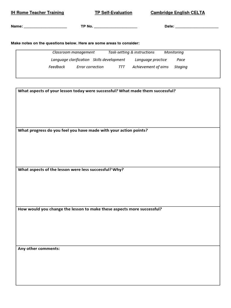 CELTA Teacher Training Self-Evaluation Guide | PDF | Career & Growth