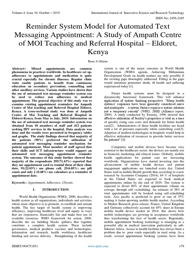 Reminder System Model For Automated Text Messaging Appointment: A Study ...