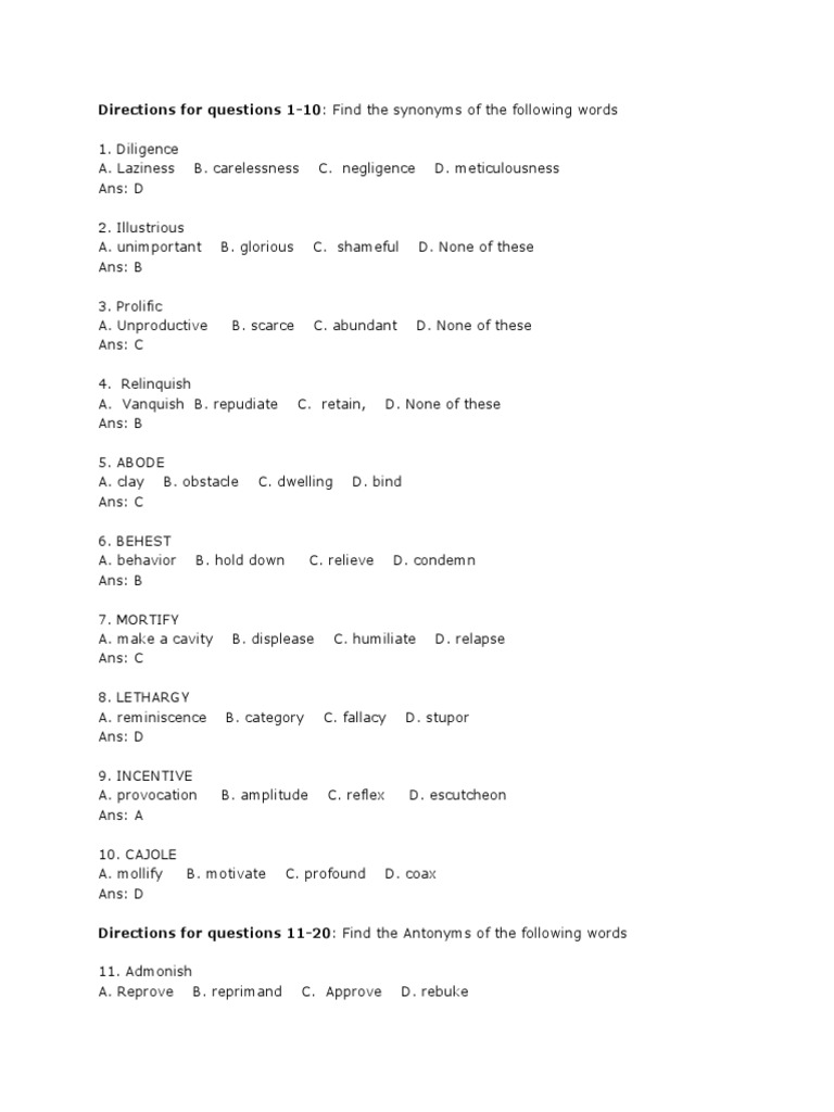 Directions For Questions 110 Find The Synonyms of The Following Words