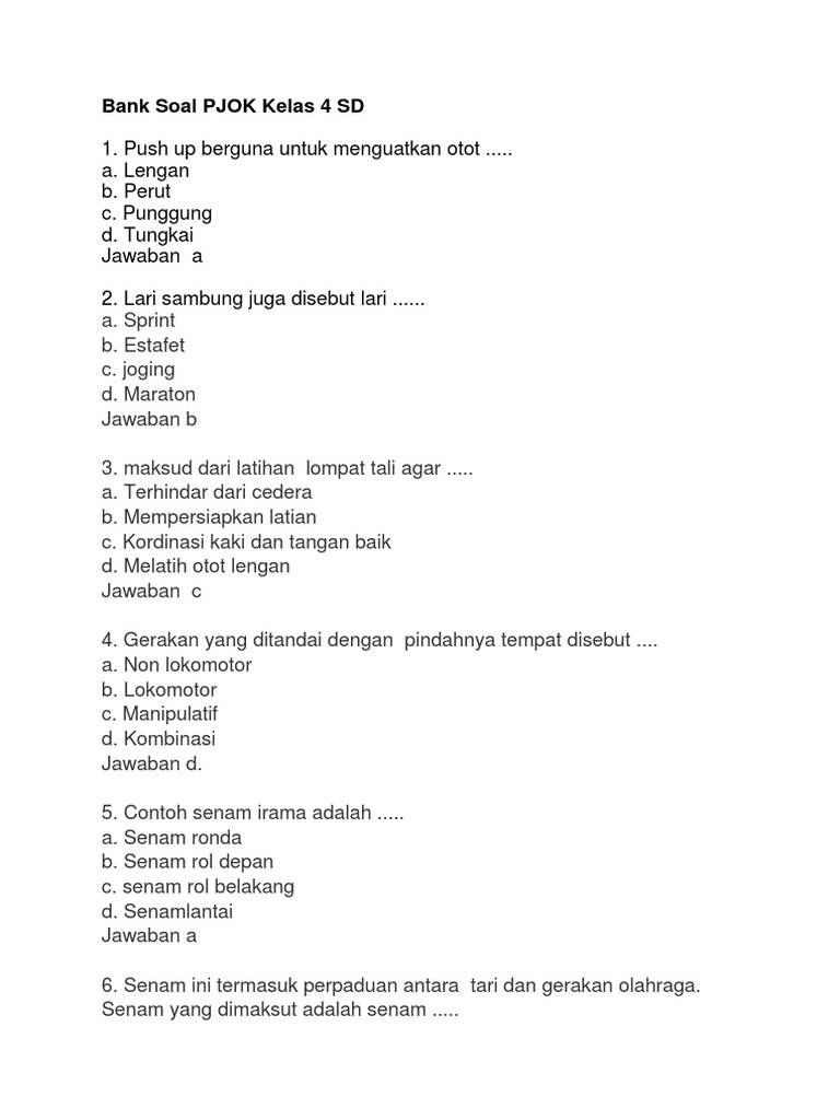 Bank Soal Pjok Kelas 4 Sd