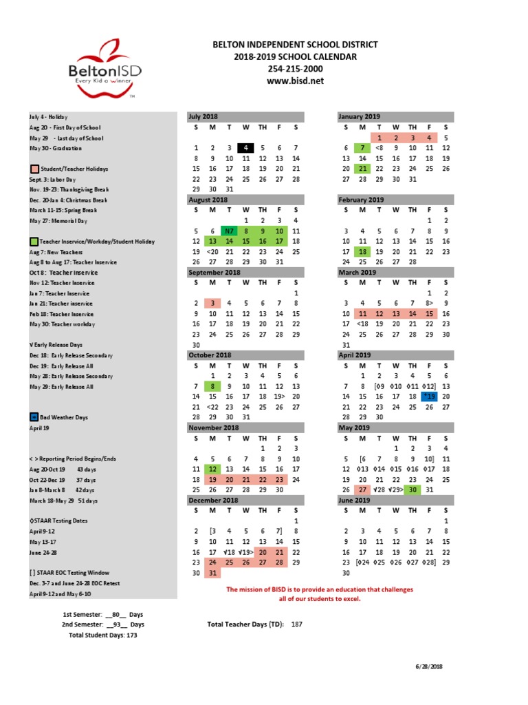 Belton Independent School District 20182019 SCHOOL CALENDAR 254215