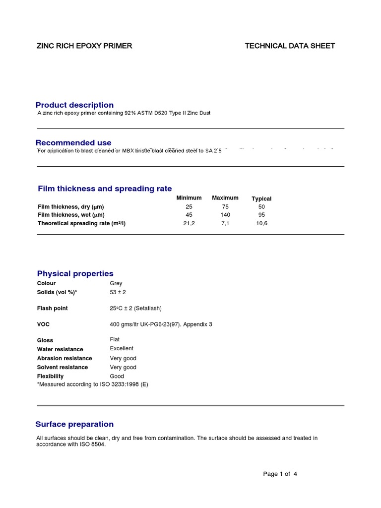 Zinc Rich Epoxy Primer Technical Data Sheet PDF Paint Epoxy