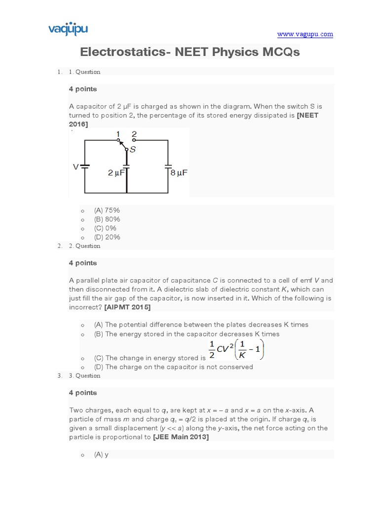 NEET Physics MCQs on Electrostatics | PDF