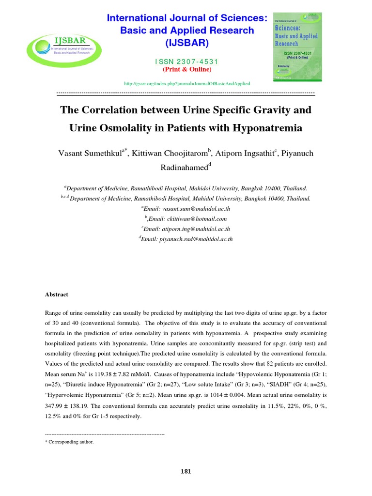 The Correlation Between Urine Specific Gravity and Urine Osmolality in ...