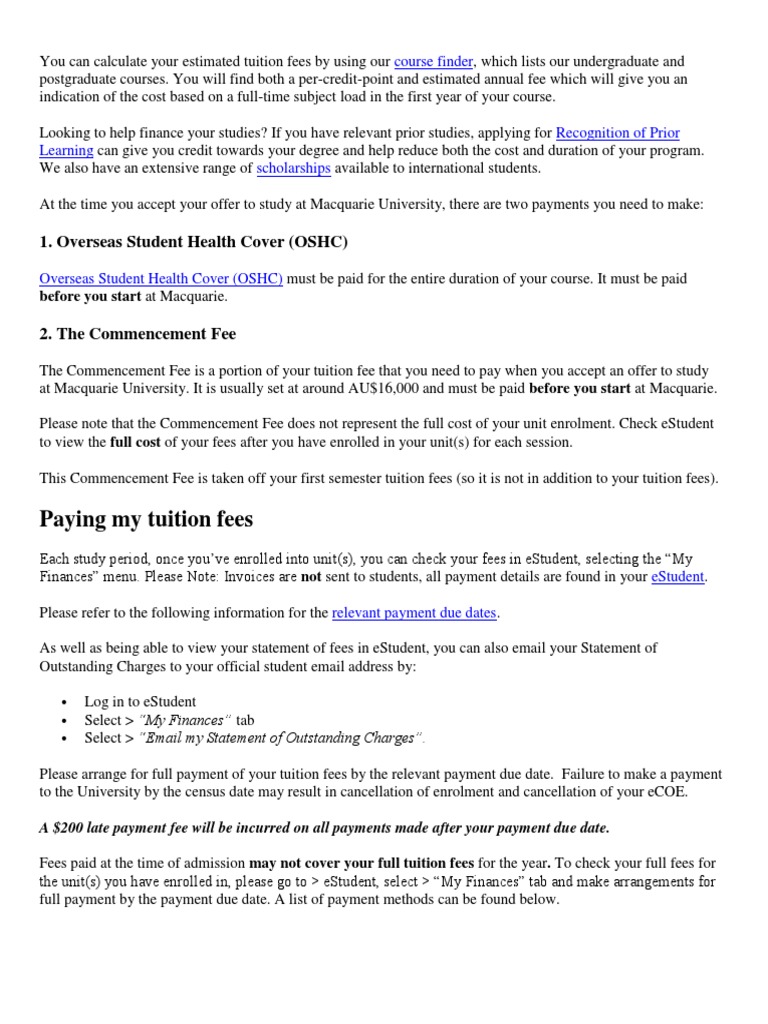 Admission University of Macquarie Australia PDF Tuition Payments Fee