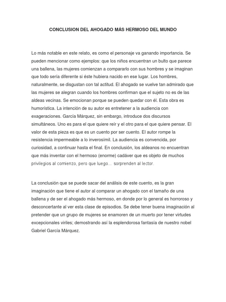 Resumen El Ahogado Más Hermoso Del Mundo Conclusion Del Ahogado Más Hermoso Del Mundo