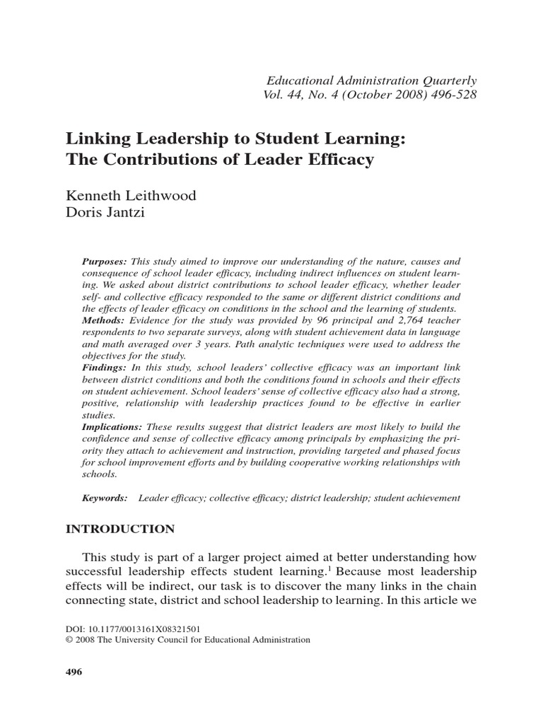 Linking Leadership To Student Learning: The Contributions of Leader ...