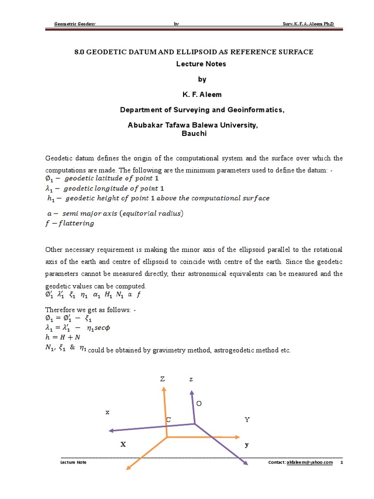 Geodetic Datum And Ellipsoid As Reference Surface Pdf
