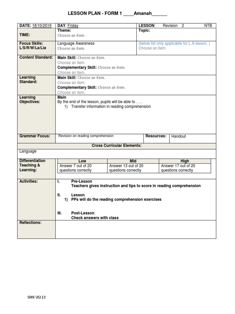 LESSON PLAN - FORM 1 - Amanah | PDF