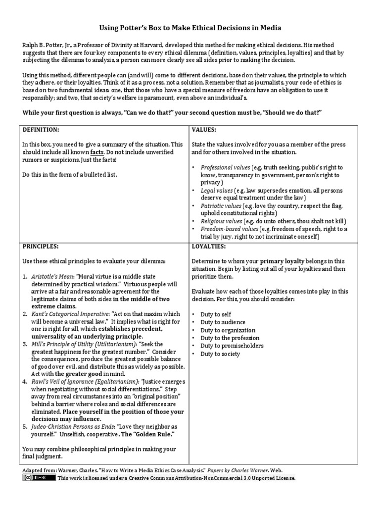 Using Potter's Box To Make Ethical Decisions in Media Download Free PDF Virtue Justice