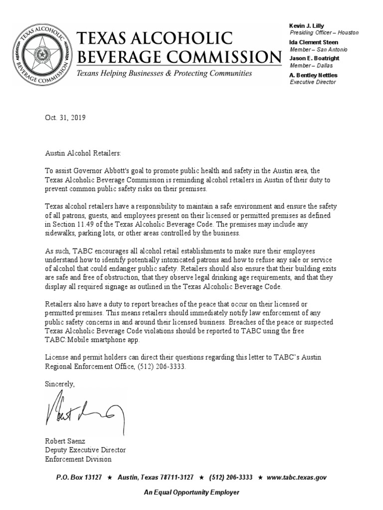 TABC Letter To Alcoholic Retail Establishments PDF Texas Government