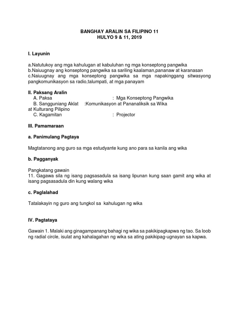 Lesson Plan Grade 11 Fil | PDF