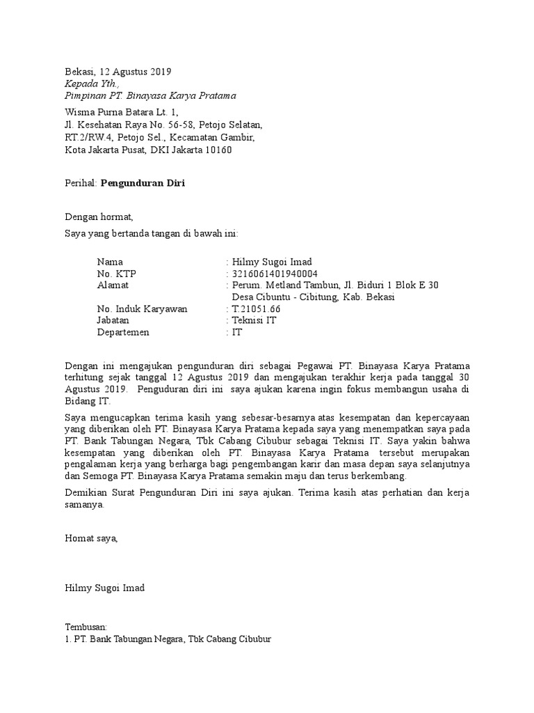 Contoh Surat Pengunduran Diri Karyawan