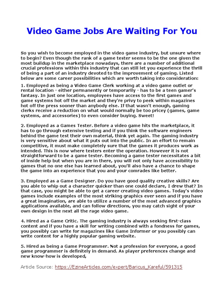 Video Game Tester Job PDF Video Games Programmer