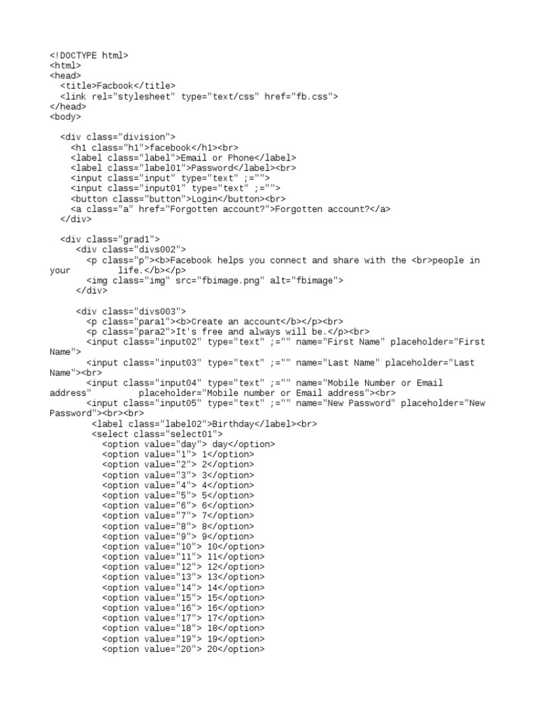 HTML Code of Facebook Front Page | PDF | Facebook | Cyberspace