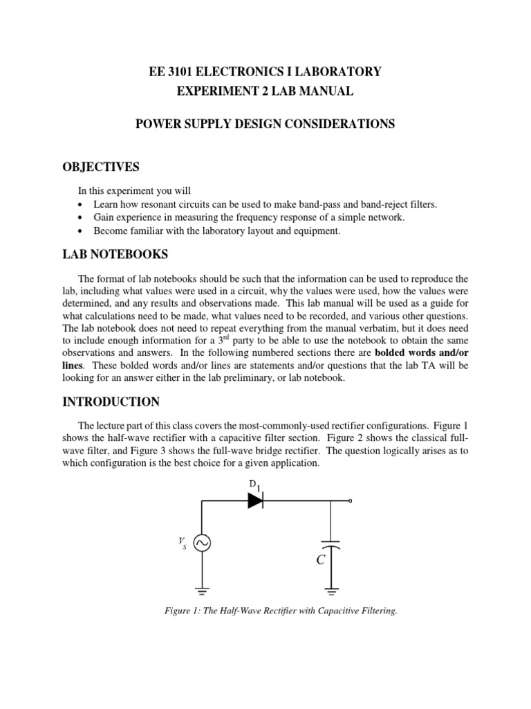 Ee 3101 Electronics I Laboratory Experiment 2 Lab Manual Power Supply