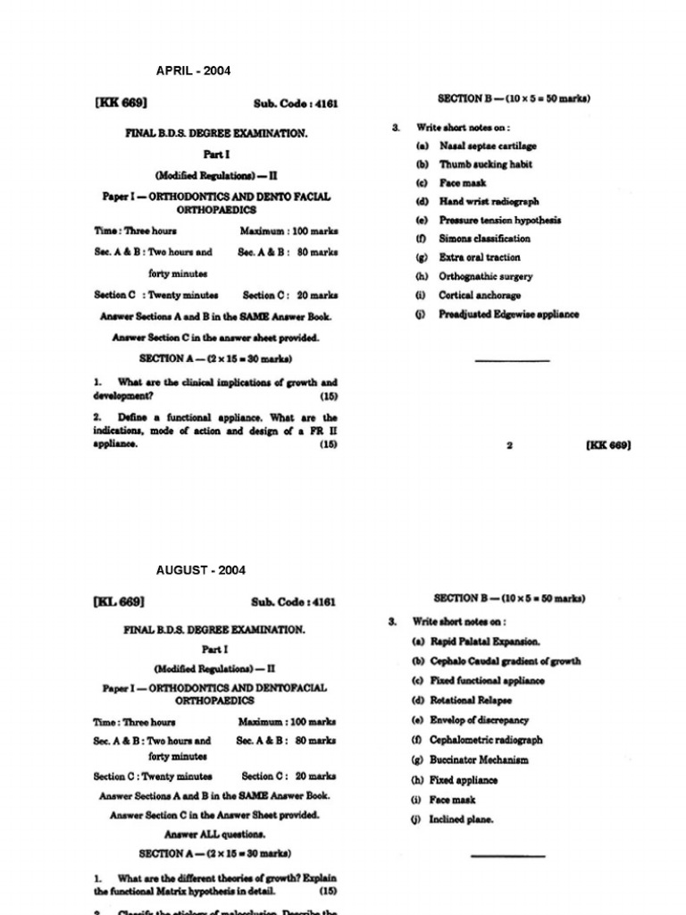 Orthodontics Question Paper PDF Orthodontics Dentistry