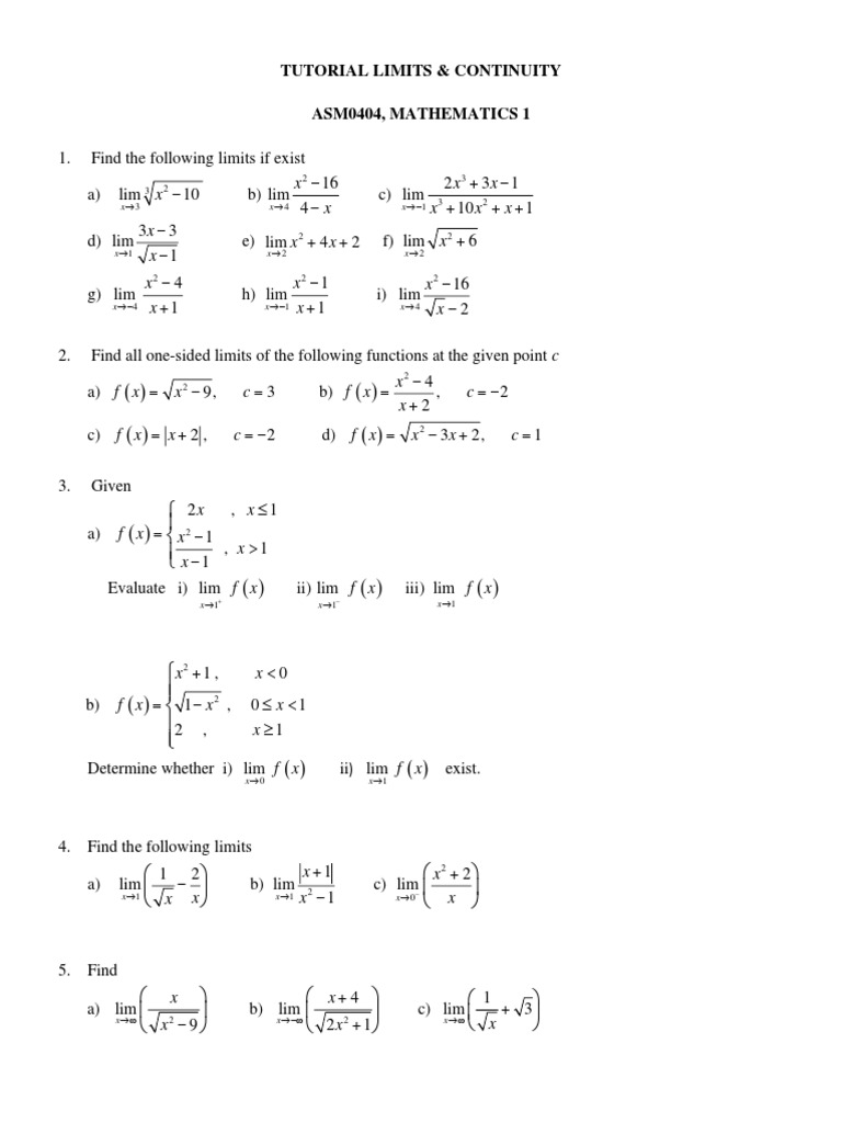 TUTORIAL Limit and Continuity PDF | PDF | Discrete Mathematics ...