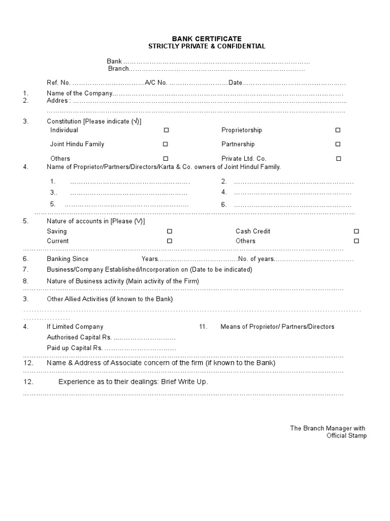 Bank Certificate: Confidential CIR Format | PDF | Business Law | Companies