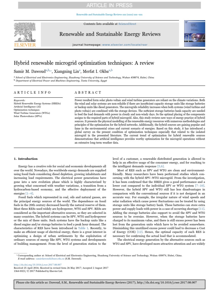 Hybrid Renewable Microgrid Optimization Techniques - A Review | PDF ...