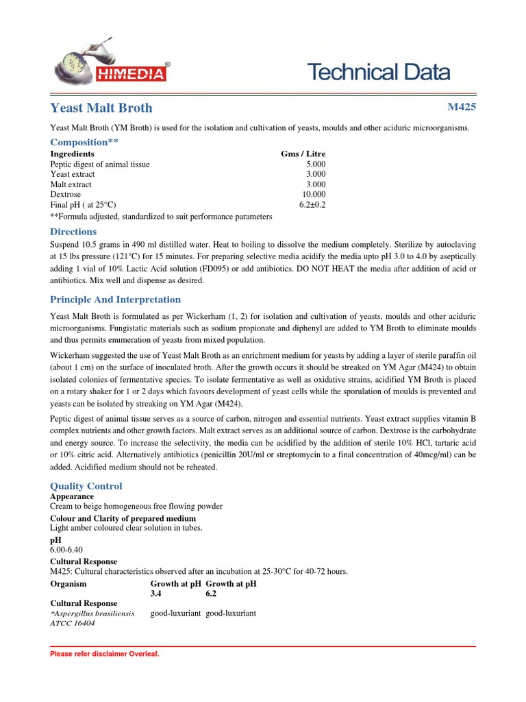 Yeast Malt Broth: Composition | Download Free PDF | Growth Medium | Yeast