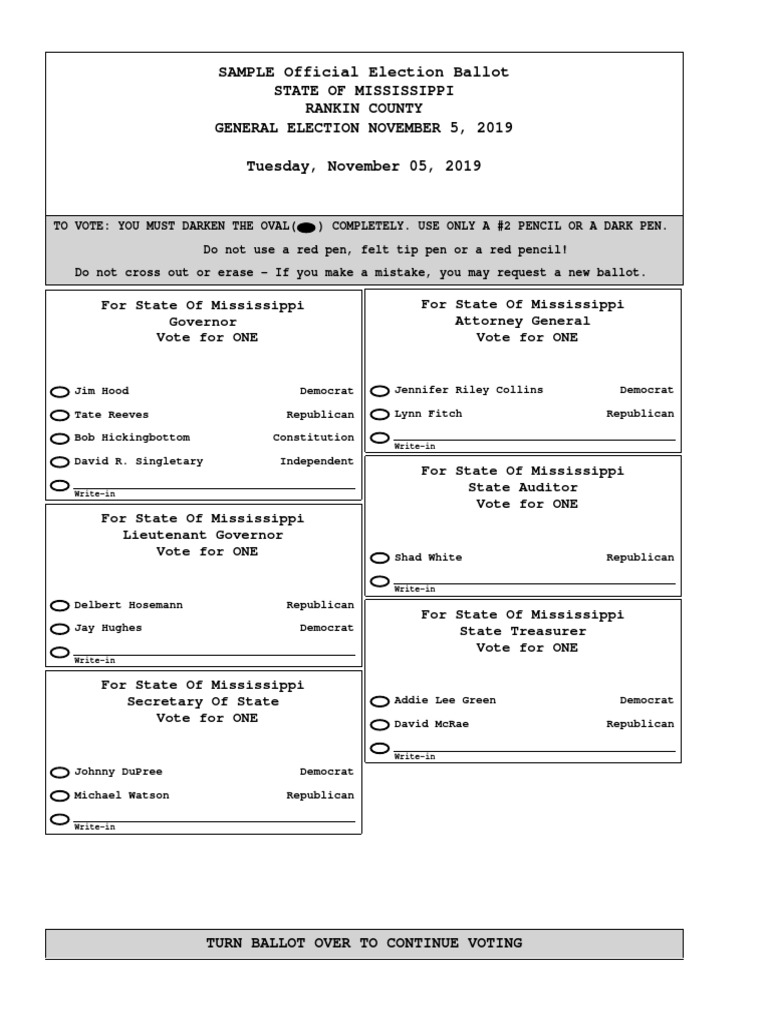 Rankin County Sample Ballot November 5, 2019 General Election