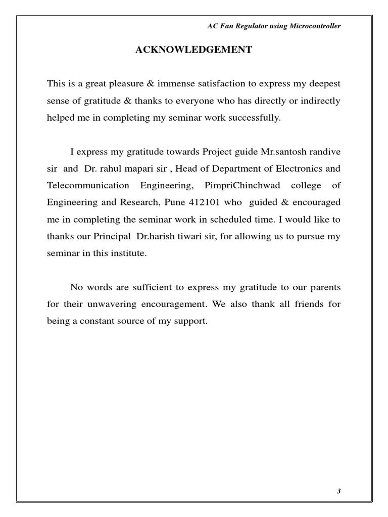 Acknowledgement: AC Fan Regulator Using Microcontroller | PDF